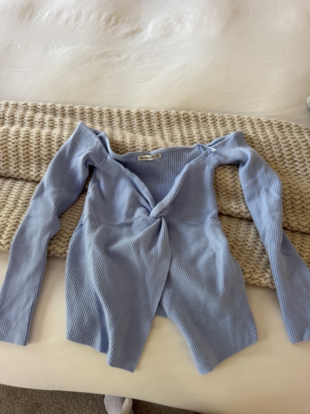 Knot Front Ribbed Long Sleeve off the shoulder Top in Light Blue